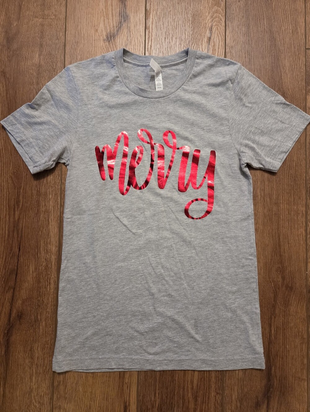 Women's Bella Canvas Gray Short Sleeve Tee with Red Christmas Script Graphic